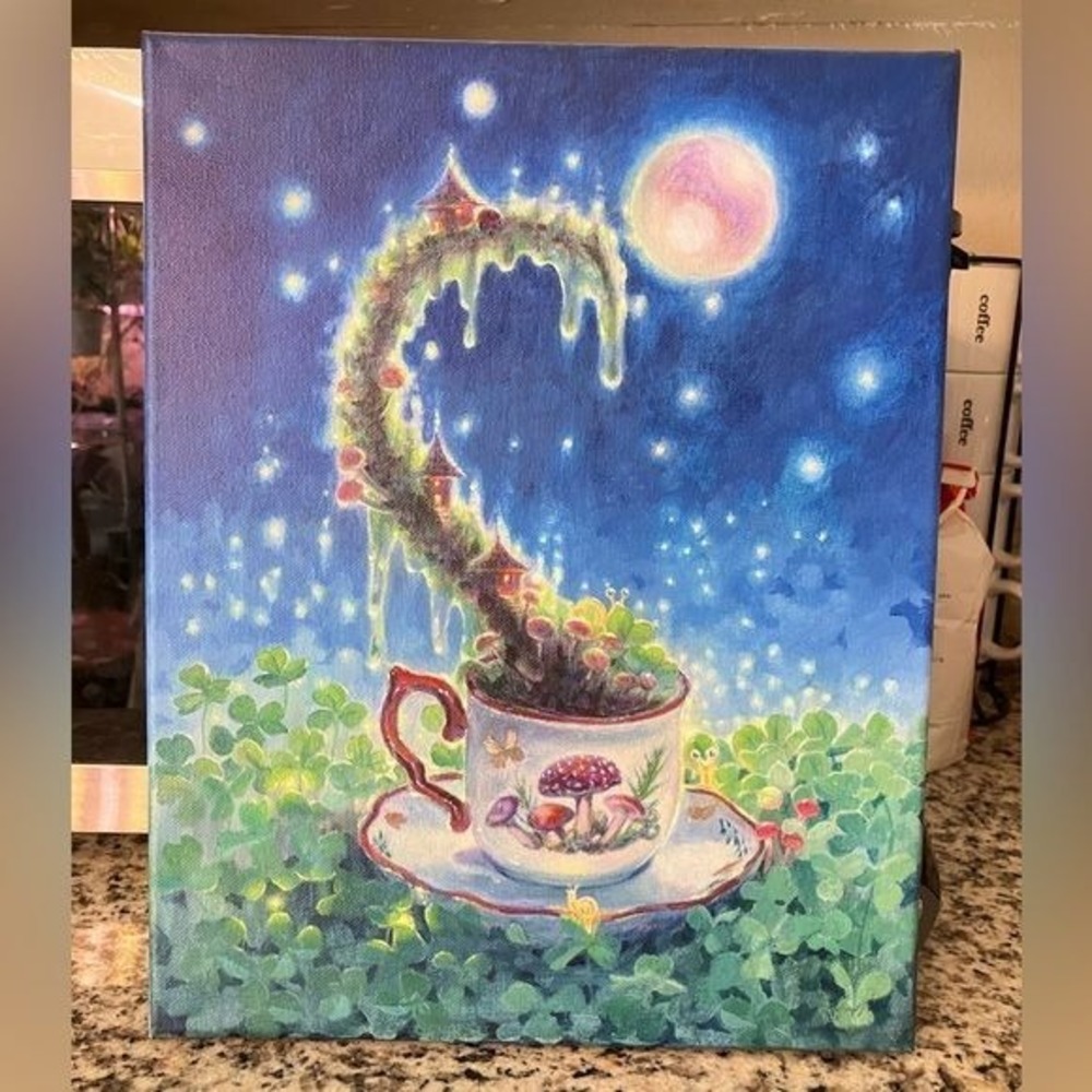 Original Teacup Painting Mushroom snails Surrealism Clovers Nature Art Moon